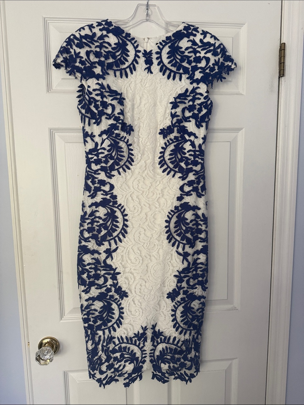 Tadashi Shoji White Lace Midi Dress with Navy - Royal Blue Floral Appliqué NWOT
